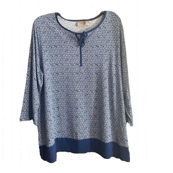 Chico's Tops - Chico’s Blue White Mosaic Print Keyhole Tie Blouse Top 3 16 XL